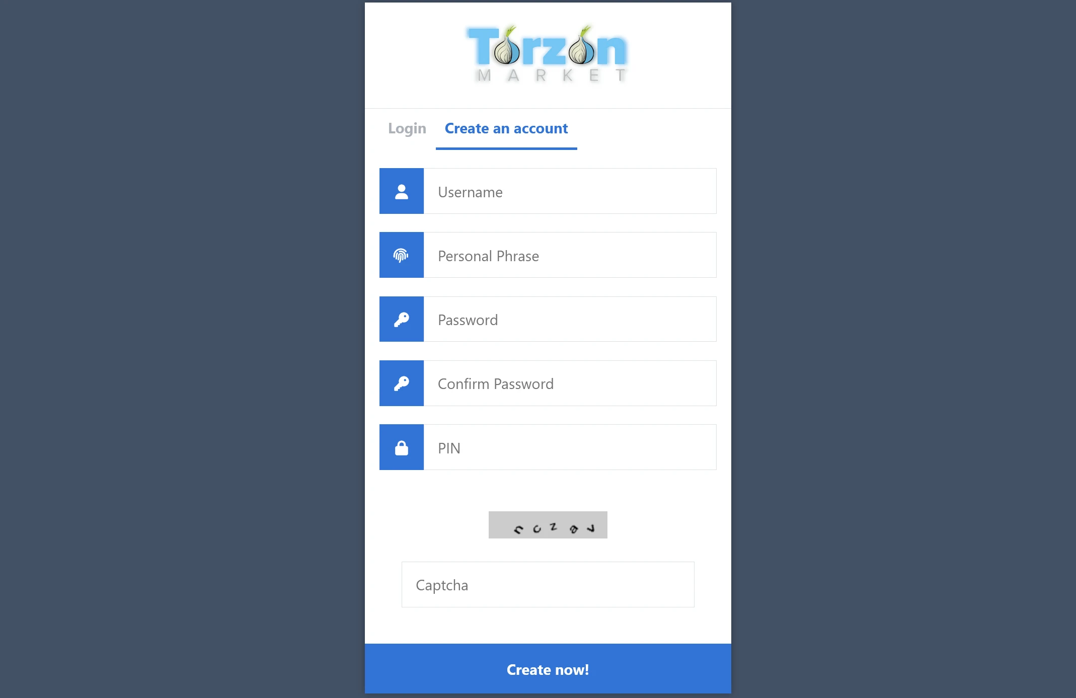Torzon market registration form for new account creation