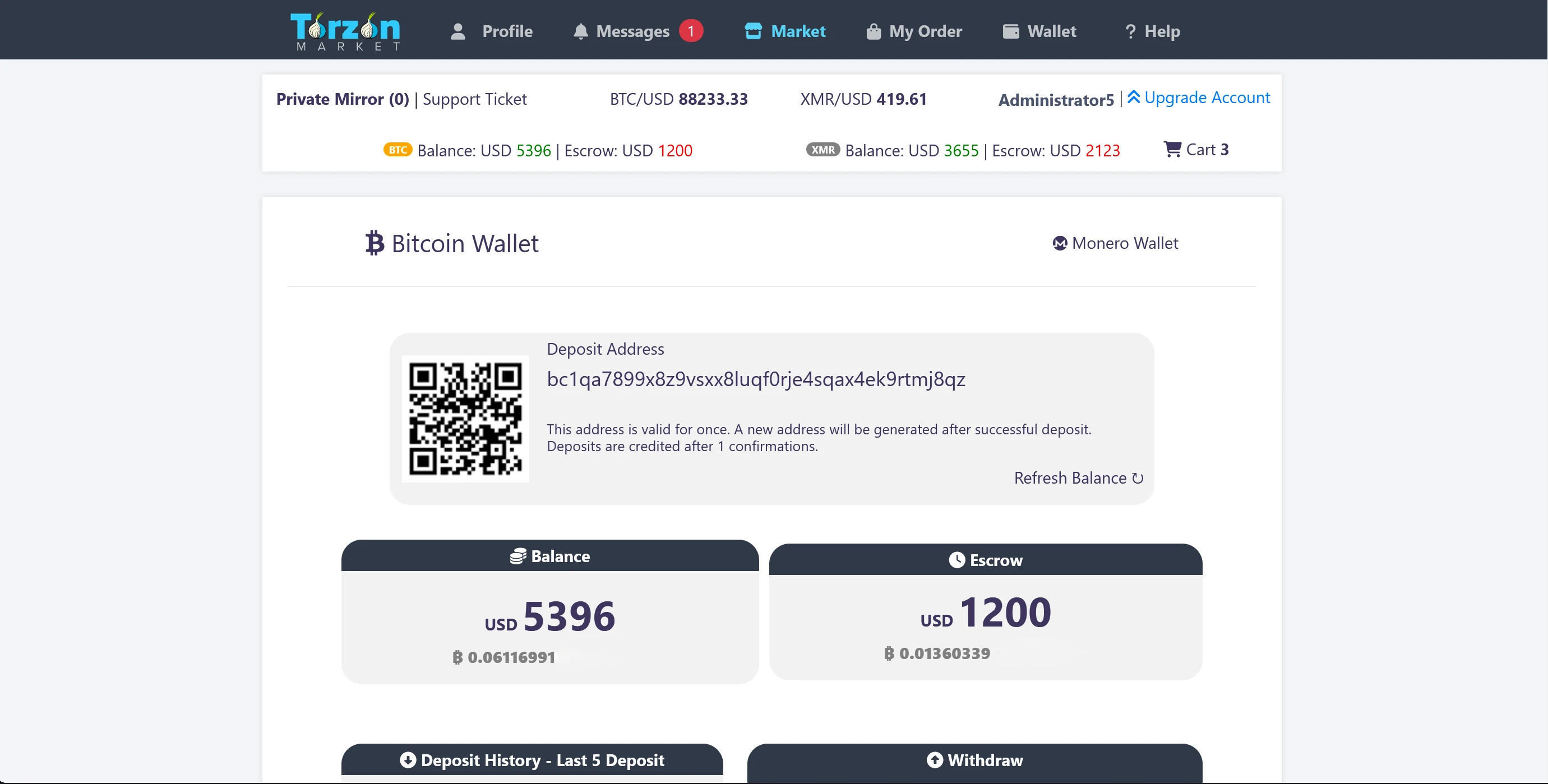 Bitcoin and Monero deposit interface on Torzon market wallet